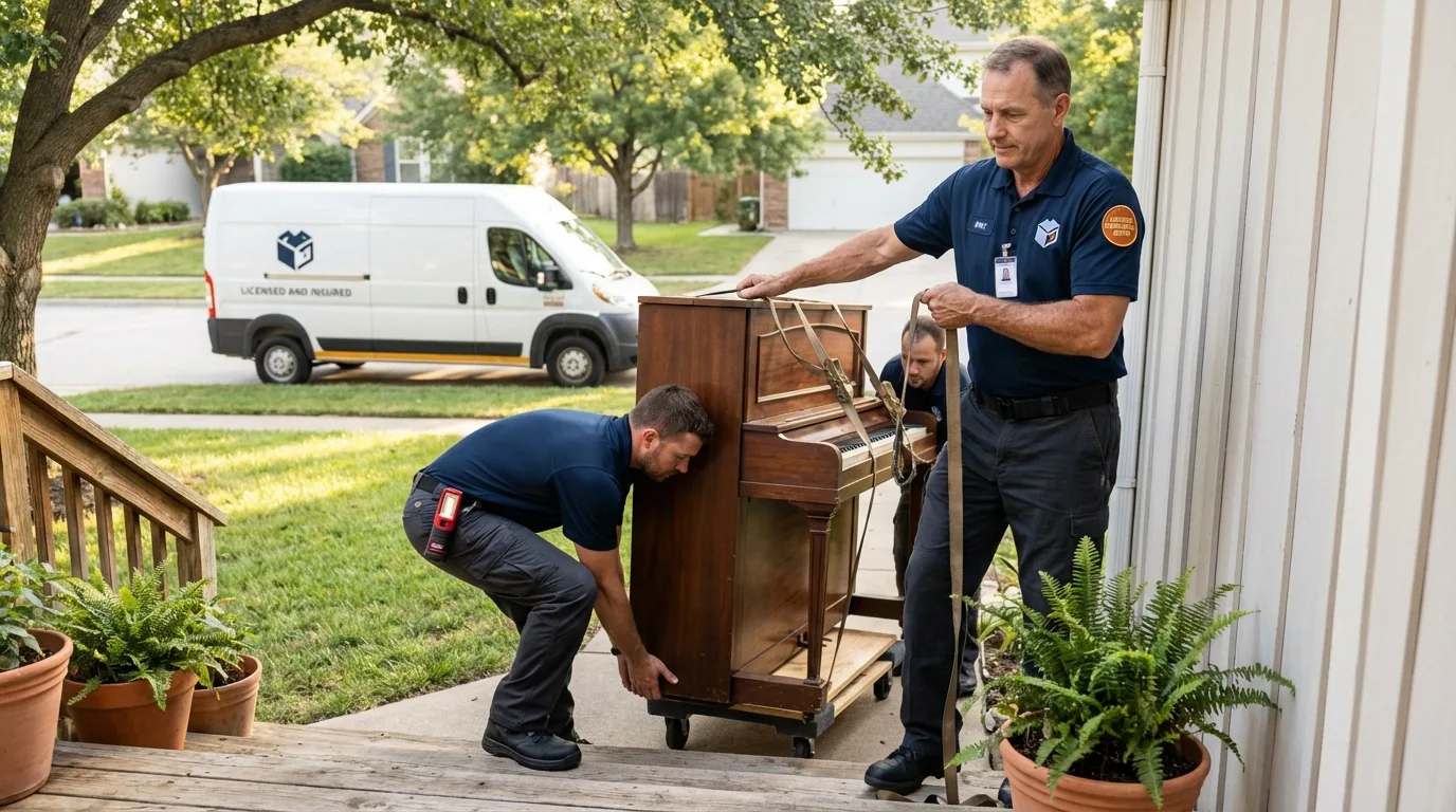 Licensed piano movers securing grand piano in Collingswood, NJ