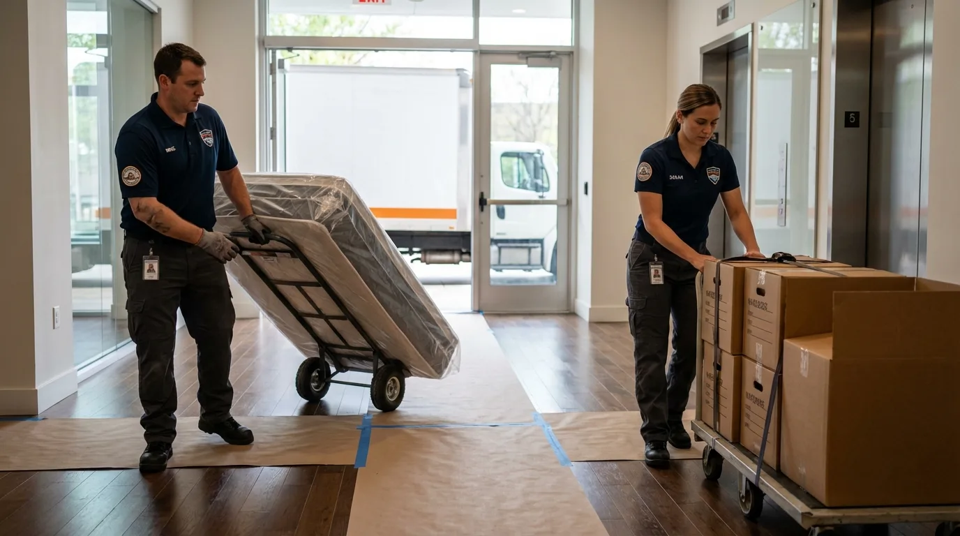 Professional apartment movers loading elevator in Collingswood, NJ