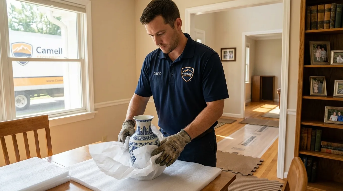 Professional crew carefully wrapping antique vase for senior downsizing move in Collingswood, NJ